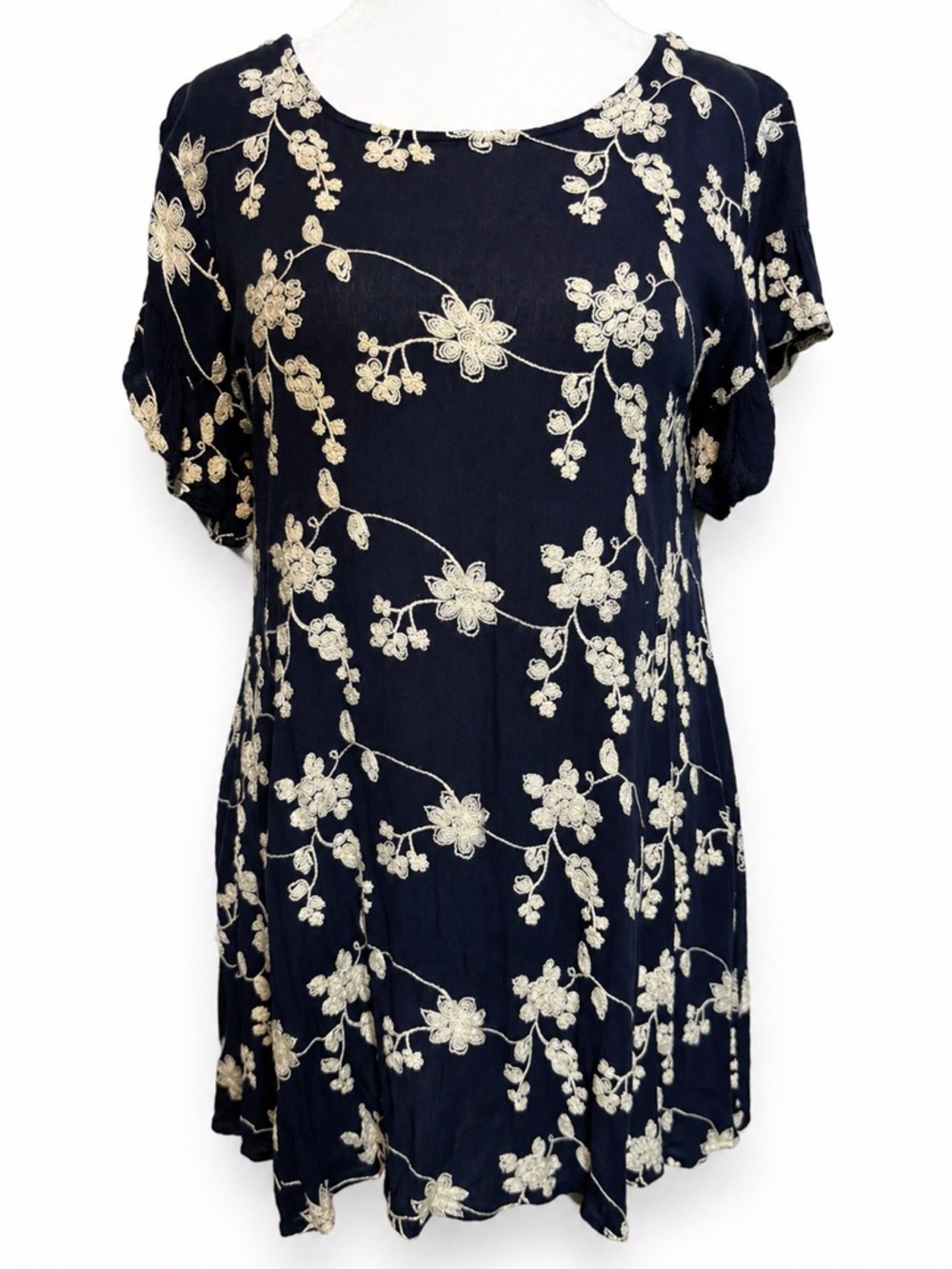 Umgee Navy Embroidered Dress Boho Open Back Floral Swing Tunic Large